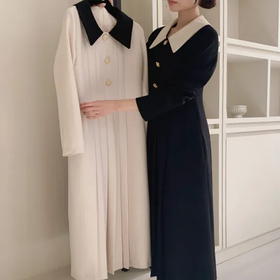 헤븐 배색 플리츠 롱 원피스 op14925