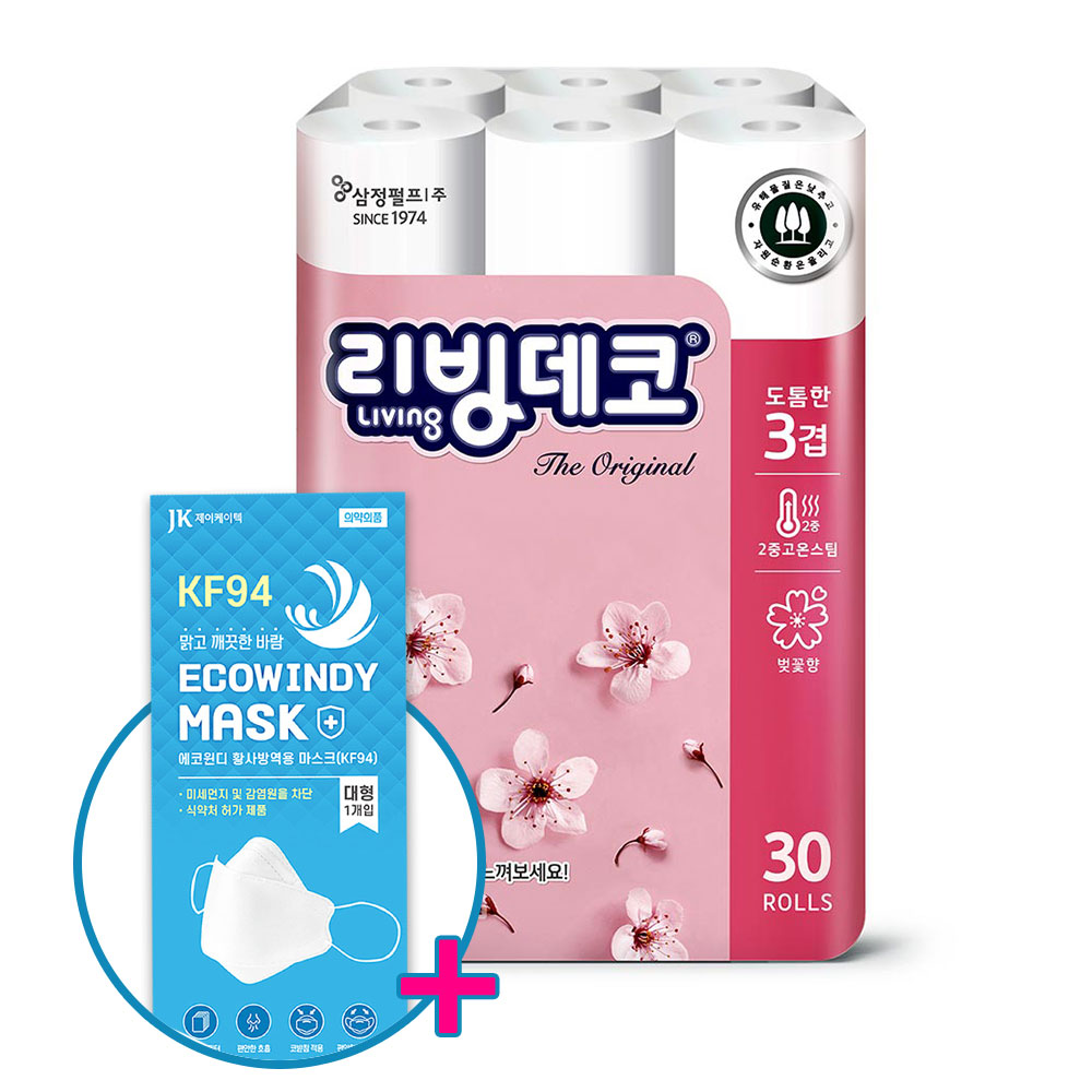 삼정펄프 삼정펄프 삼정 3겹 리빙데코 더 오리지널 벚꽃향 화장지 30m 30롤 1팩 + 윈디 마스크(KF-94) 1개