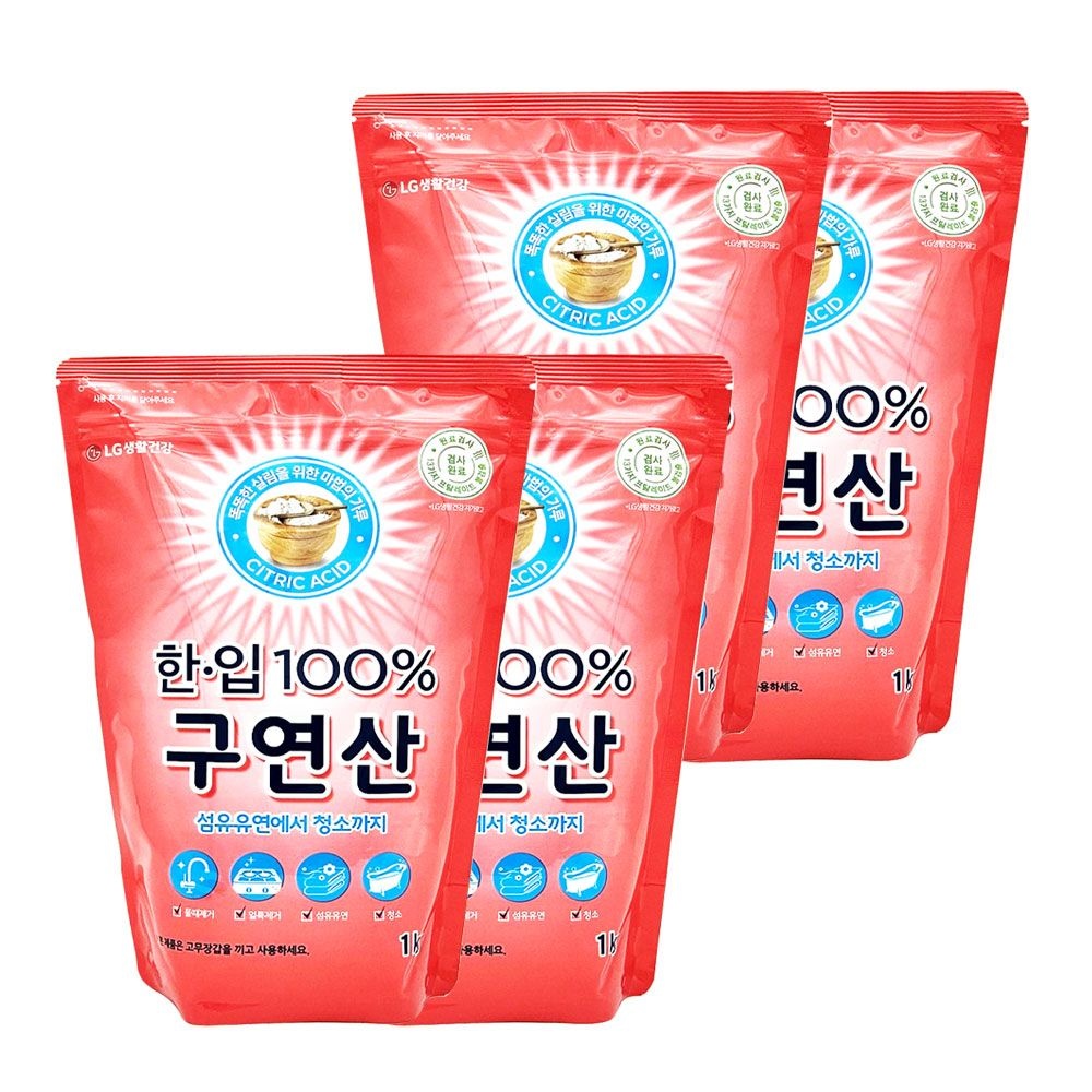 LG생활건강 LG 한입100% 구연산 1kgX4개 / 섬유유연 욕실 주방 청소 물때제거 장난감세척