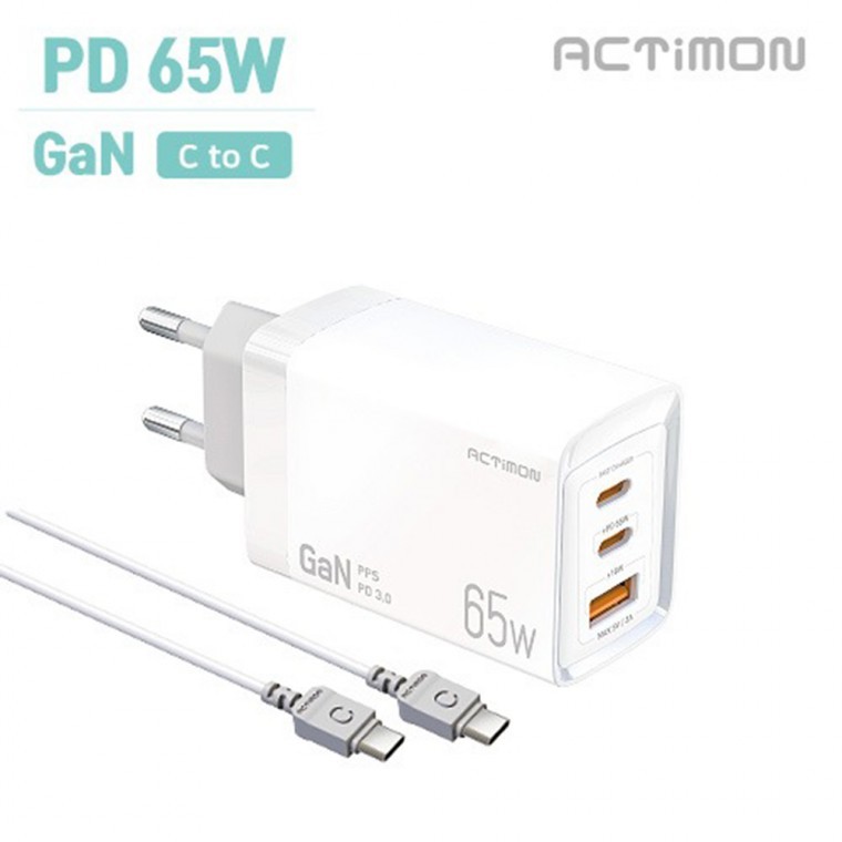 감성코퍼레이션 [인씨네] 액티몬 PPS PD 65W 초고속 가정용 충전기 GAN C포트 2구+QC3.0 USB 1구 CtoC 케이블