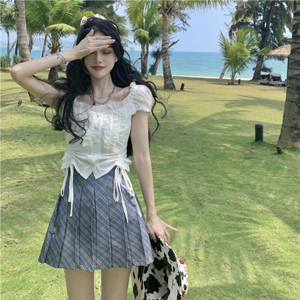 Harami24 협력사 [해외] 한모네블라우스 이유비 7인의 부화 2화 화이트 반팔 프릴 블라우스 옷 퍼프