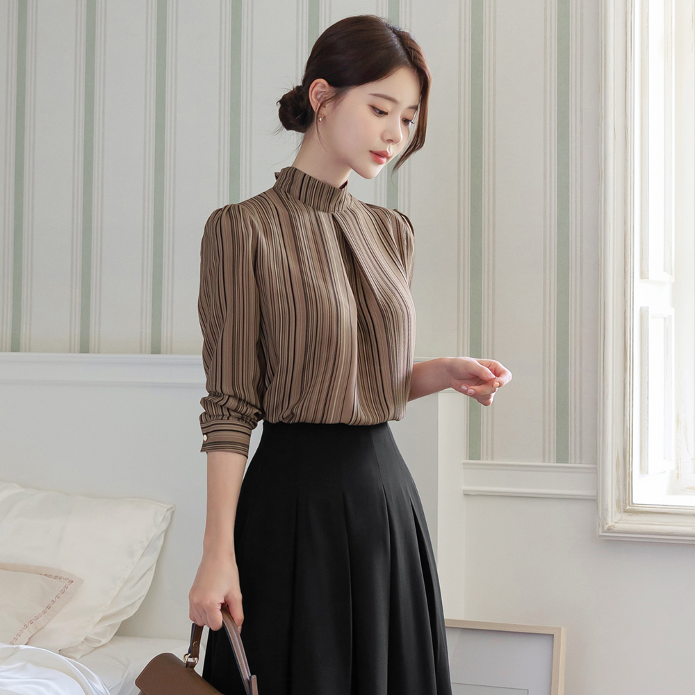 시크라인 (~XL까지) 퀸란 하프넥 맞주름 스트라이프 블라우스 봄,가을 하객룩 오피스룩 격식룩 출근룩 데이트룩