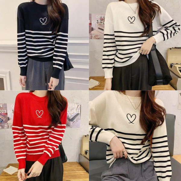 [패션플러스][다잇템]여자 스웨터 단가라 하트모양 SS 티셔츠_3 (16707394)