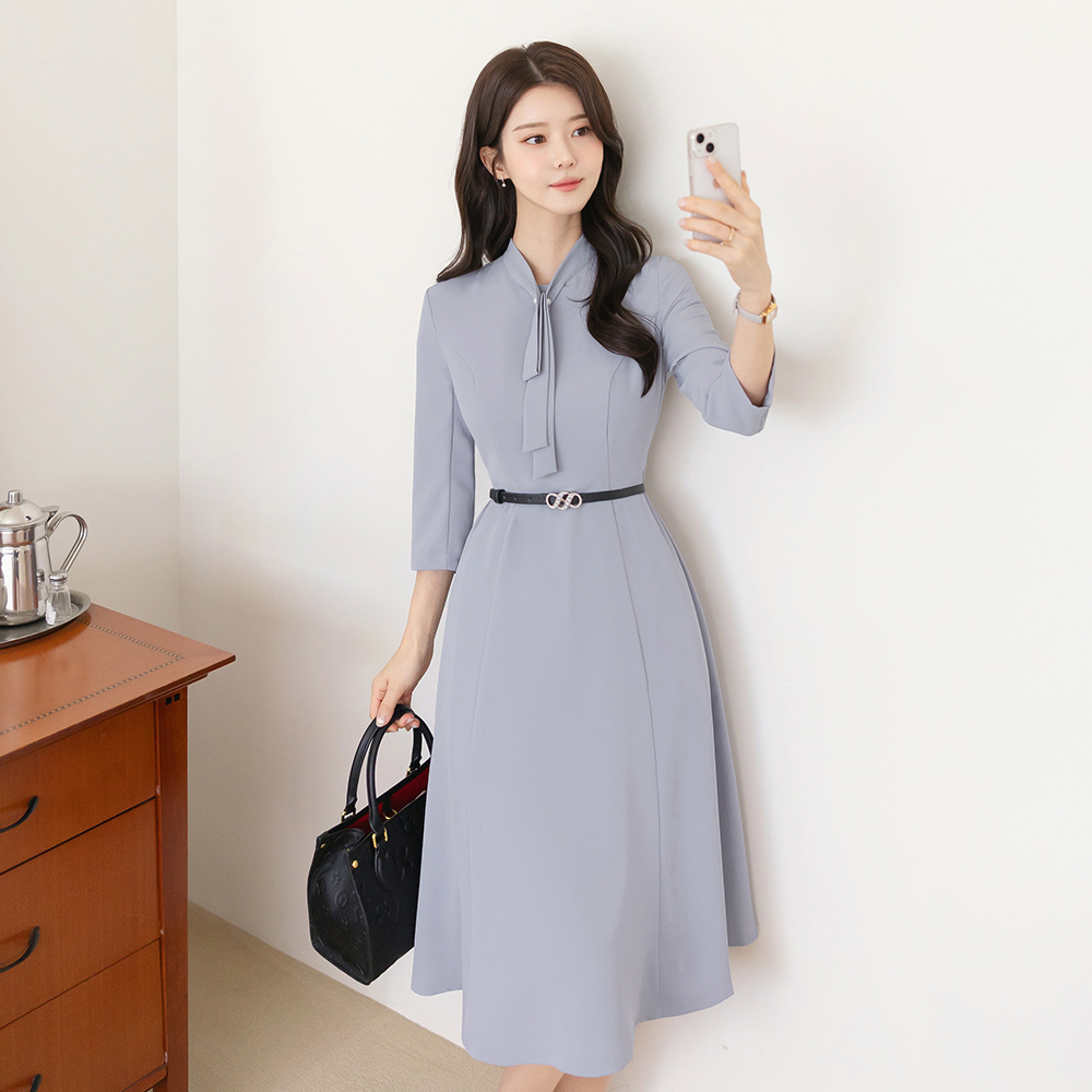 시크라인 (~XXL까지) 시즈모어 진주 트리밍 타이 플레어 원피스 봄,가을 벨트세트 하객룩 오피스룩 격식룩 데이트룩