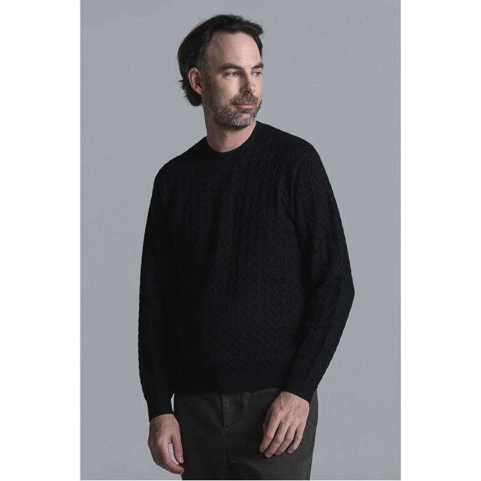 브렌우드 [셀렉션] 케이블 조직 솔리드 라운드넥 스웨터_BRWAW24851BKX