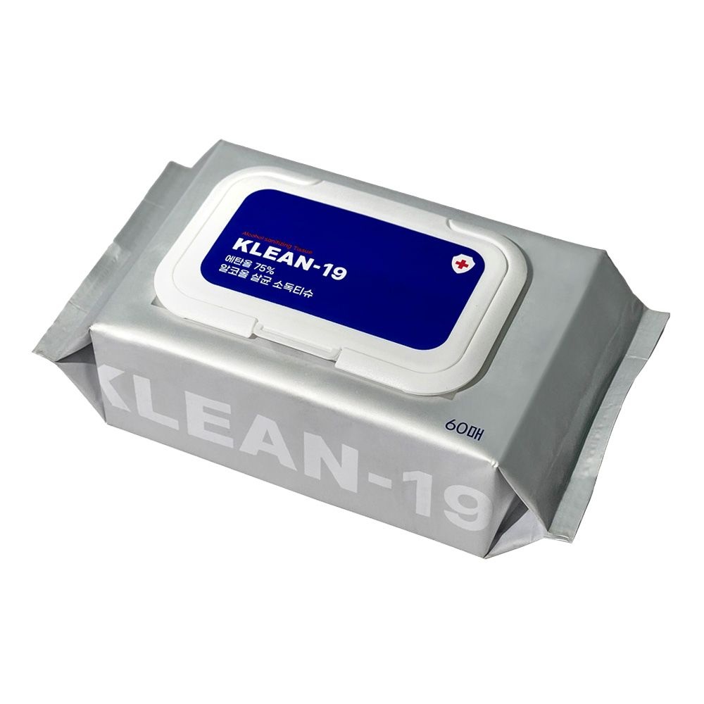 KLEAN-19 에탄올 75% 알콜티슈 살균 소독 세정 차량용 캠핑용 60매