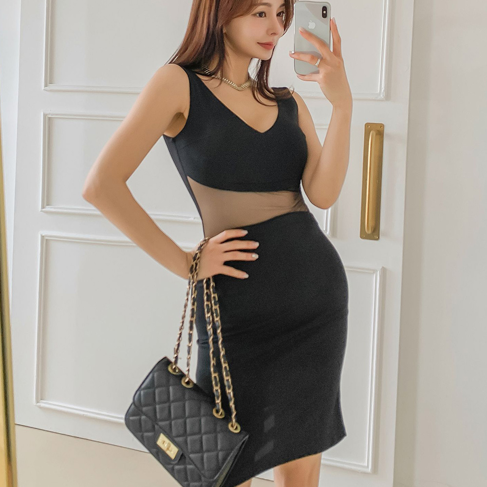 여자 클럽룩 시스루 글램 브이 나시 검정 미니원피스