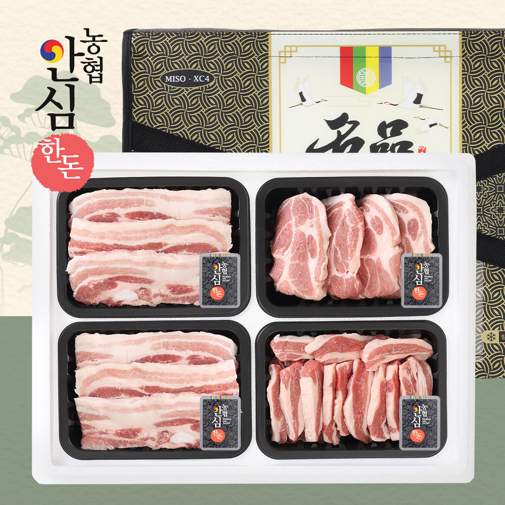 [온누리상품] [농협안심한돈] 무항생제 한마음 선물세트 2호 1.2kg(삼겹살300,삼겹살300,목살300,가브리살300)