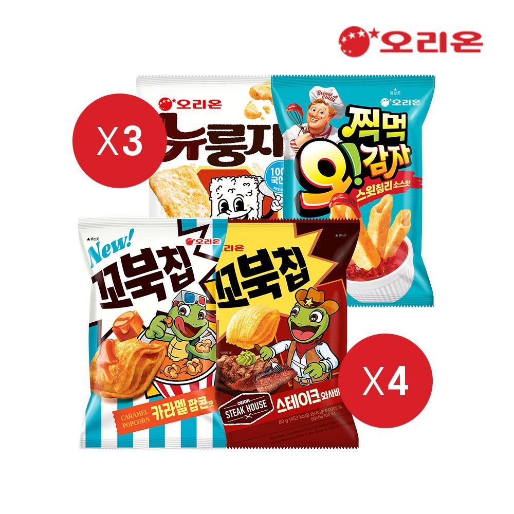 오리온 오리온 신상4종세트(총15봉, 오감자찍먹스윗칠리4+꼬북카라멜4+꼬북스테이크와사비4+뉴룽지3)