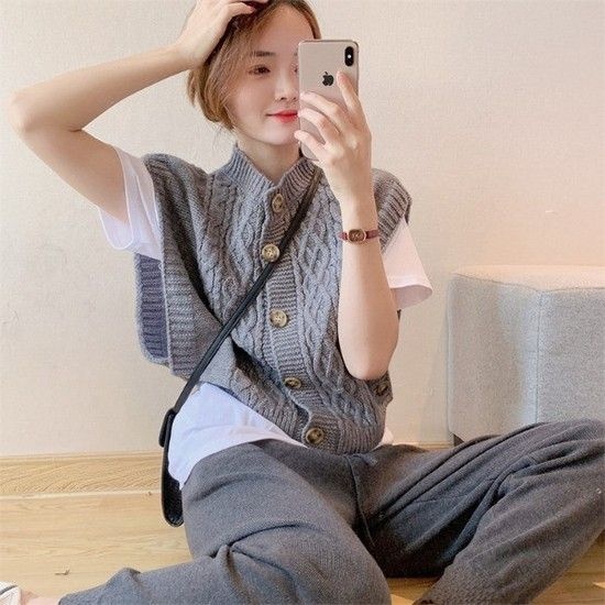 러블리 여성 캐주얼 니트 조끼 그롭 스웨터