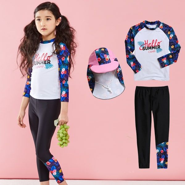 [ST홀리데이] 여아래쉬가드플랩캡set ST718 (상의+워터레깅스+플랩캡)