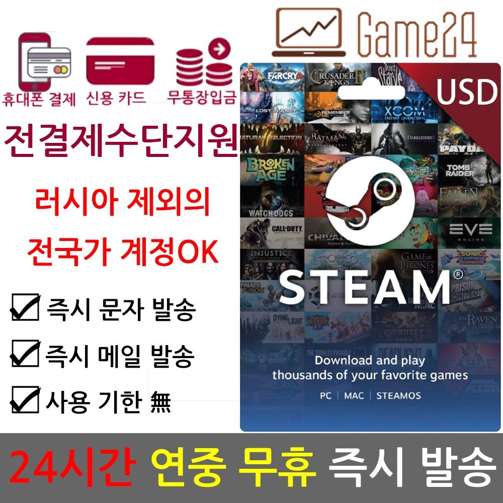 스팀 스팀 [전결제수단가능] STEAM 스팀 월렛 2달러 2불 글로벌 USD 선불 기프트카드 터키 튀르키예 아르헨티나미국 몰도바 ok