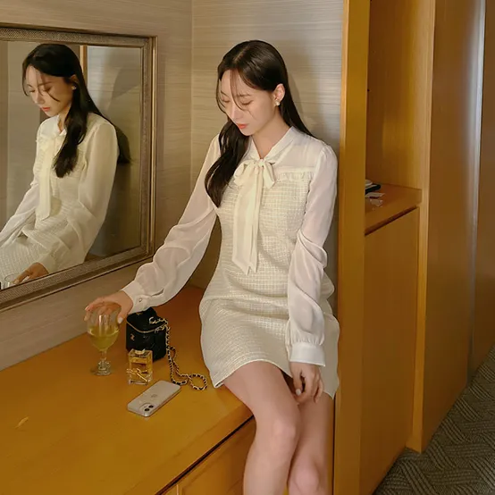 트슈딩 트위드 배색 시스루 미니 원피스
