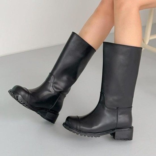 여자 심플 블랙 베이직 무지 캐주얼 미들부츠