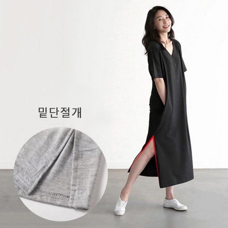 선선한 날씨 여성 원피스 무지 루즈핏 편한치마 홈웨어 외출롱치마 절개 롱치마 반팔원피스