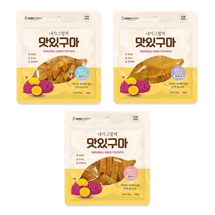 맛있구마 강아지 자연건조 건강 고구마 간식 200g 3종 스틱, 큐브, 넙적