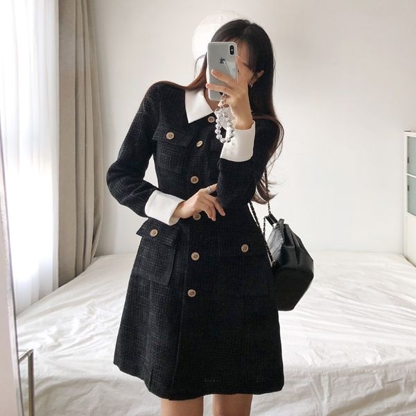 드레스날다 [패션플러스][드레스날다]흐로닝언 포켓 배색 A라인 트위드 미니 원피스