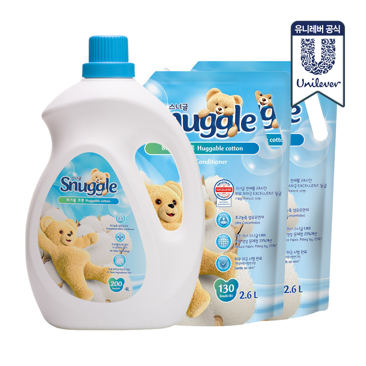 스너글 섬유유연제 4L + 2.6L x 2개 (허거블 코튼, 블루밍 부케 2종)