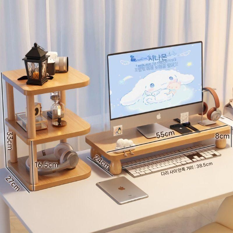 [해외] 이쁜 인테리어 고급 원목 컴퓨터 책상 가성비 모니터 받침대 3단 보관 선반 세트