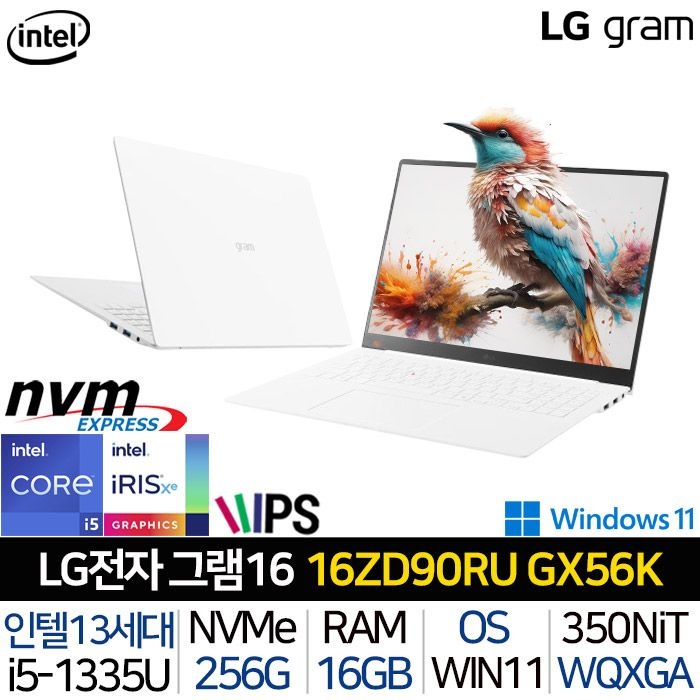LG전자 LG전자 LG 그램 16ZD90RU-GX56K_WIN11H 인텔i5 초고해상도 대화면 화이트 노트북 문서작업 포토샵 가벼운 사무용 대학생 노트북