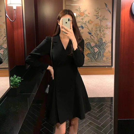 에일린 테일러드 카라 더블 버튼 플레어 원피스 op4702