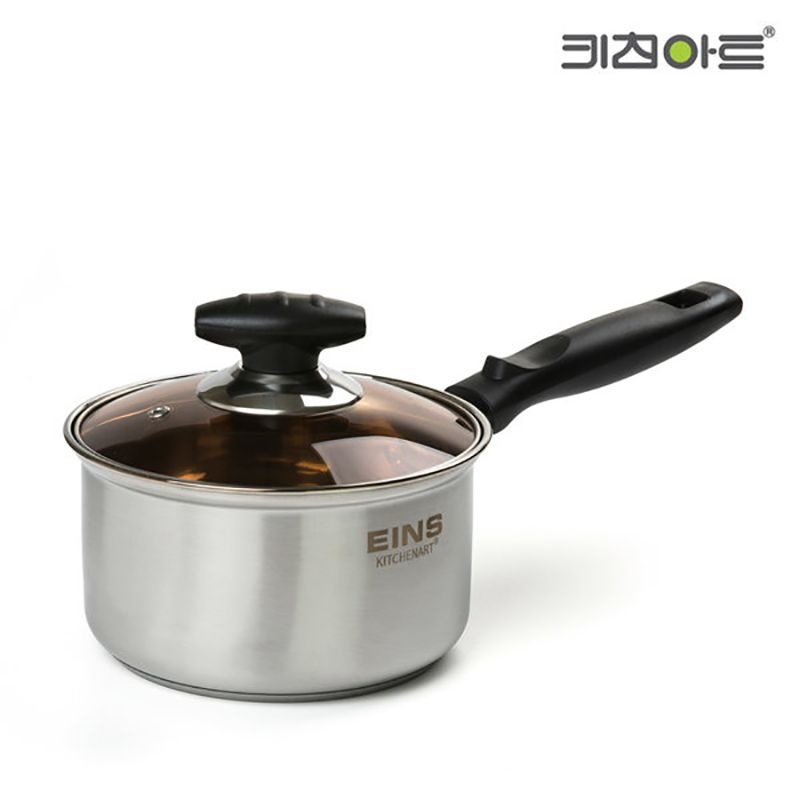 키친아트 아인스 가정용 스텐 편수냄비 18cm 3중바닥 유리뚜껑 국 탕 찌개 라면 다용도