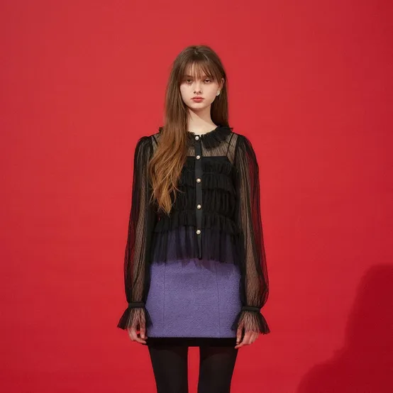 RUFFLE LAYERED TULL BLOUSE - BLACK