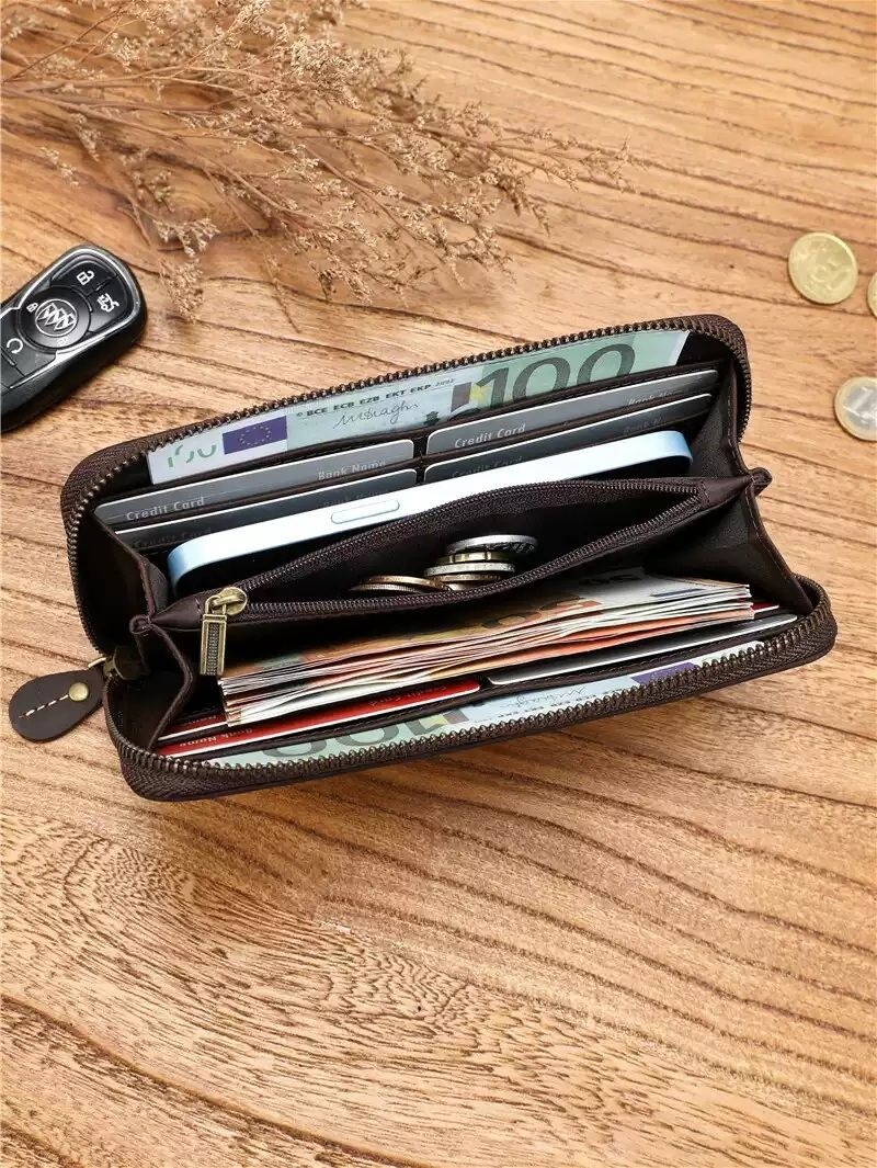 남성 장지갑 첫 번째 레이어 레트로 크레이지 호스 가죽 수제 지퍼 지갑