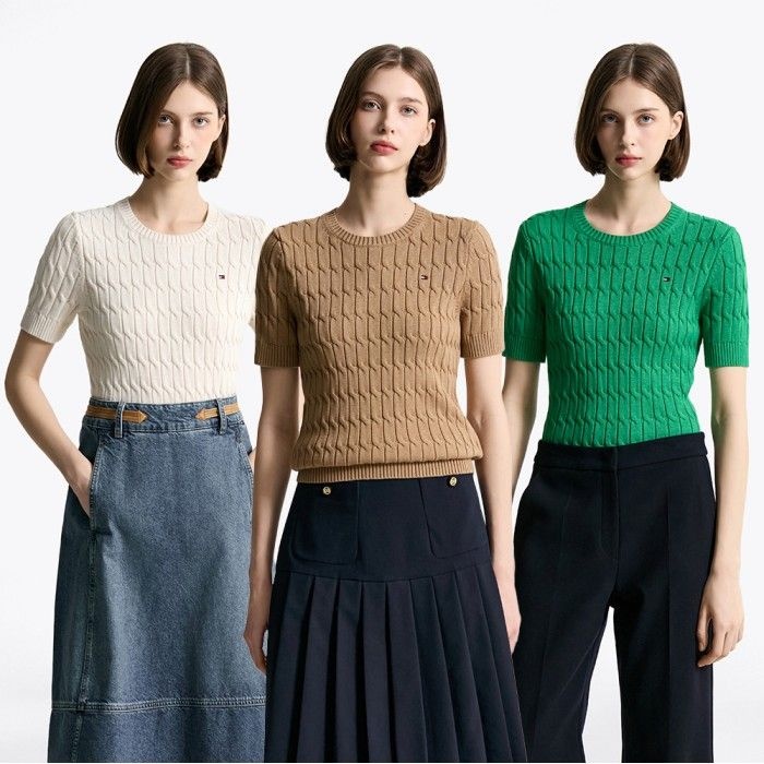 타미힐피거 여성 [정상가:209,000] 슬림 케이블 반팔 스웨터 6종 택1 T22F1KTO060WT2