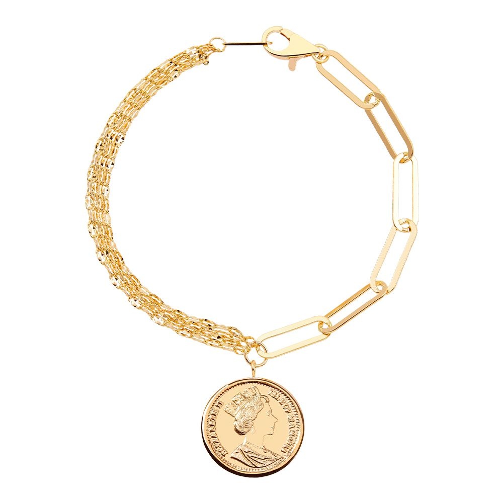 14K 큐브 레이어드 엘리자베스 코인 클립 체인 금 팔찌