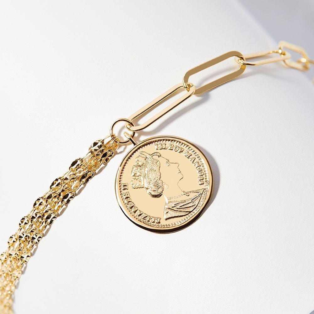 14K 큐브 레이어드 엘리자베스 코인 클립 체인 금 팔찌