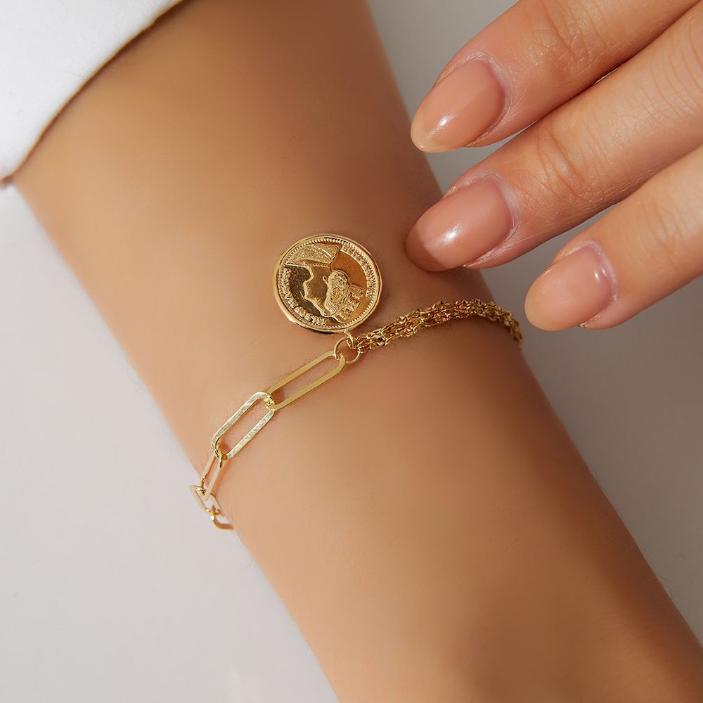 14K 큐브 레이어드 엘리자베스 코인 클립 체인 금 팔찌