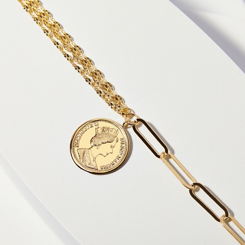 14K 큐브 레이어드 엘리자베스 코인 클립 체인 금 팔찌