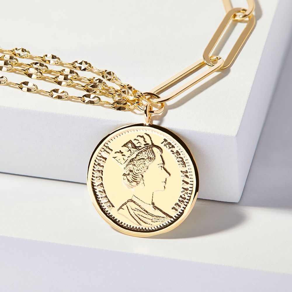 14K 큐브 레이어드 엘리자베스 코인 클립 체인 금 팔찌