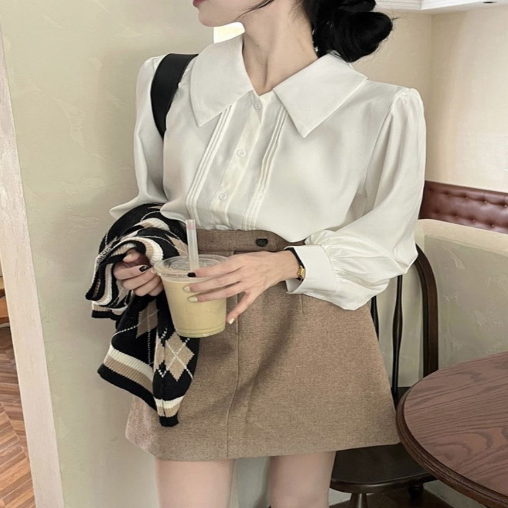 [무료배송/빠른배송]여성 하늘한 봄 블라우스 어깨 셔링 페미닌 카라 셔츠