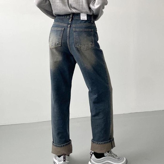 여성 통브러쉬 Y2K 스톤진 워싱 통 데님팬츠