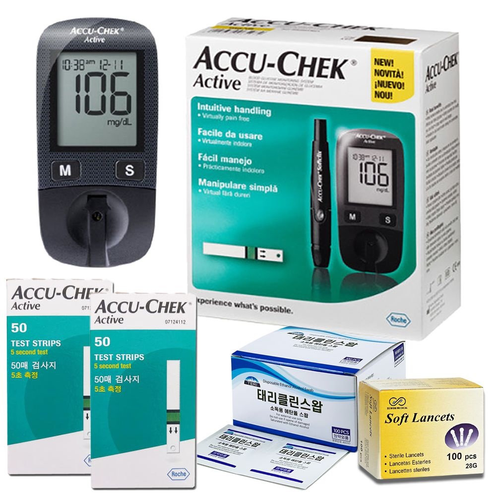 아큐첵 액티브 혈당측정기+혈당시험지 110매+소프트란셋 100개+알콜솜100매 당뇨 측정 소모성 재료