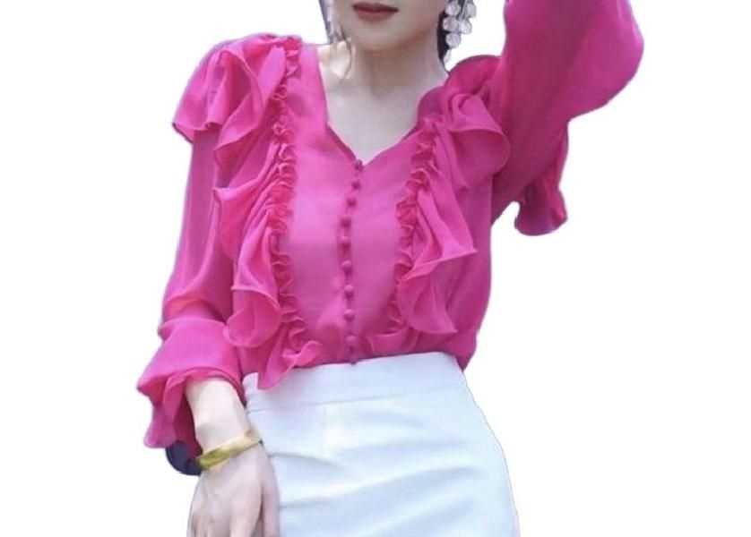 [해외] 공연의상 V넥 프릴 쉬폰 블라우스 행사 빅사이즈 고고장구 댄스복 무대복 단체복 DH25_D9042