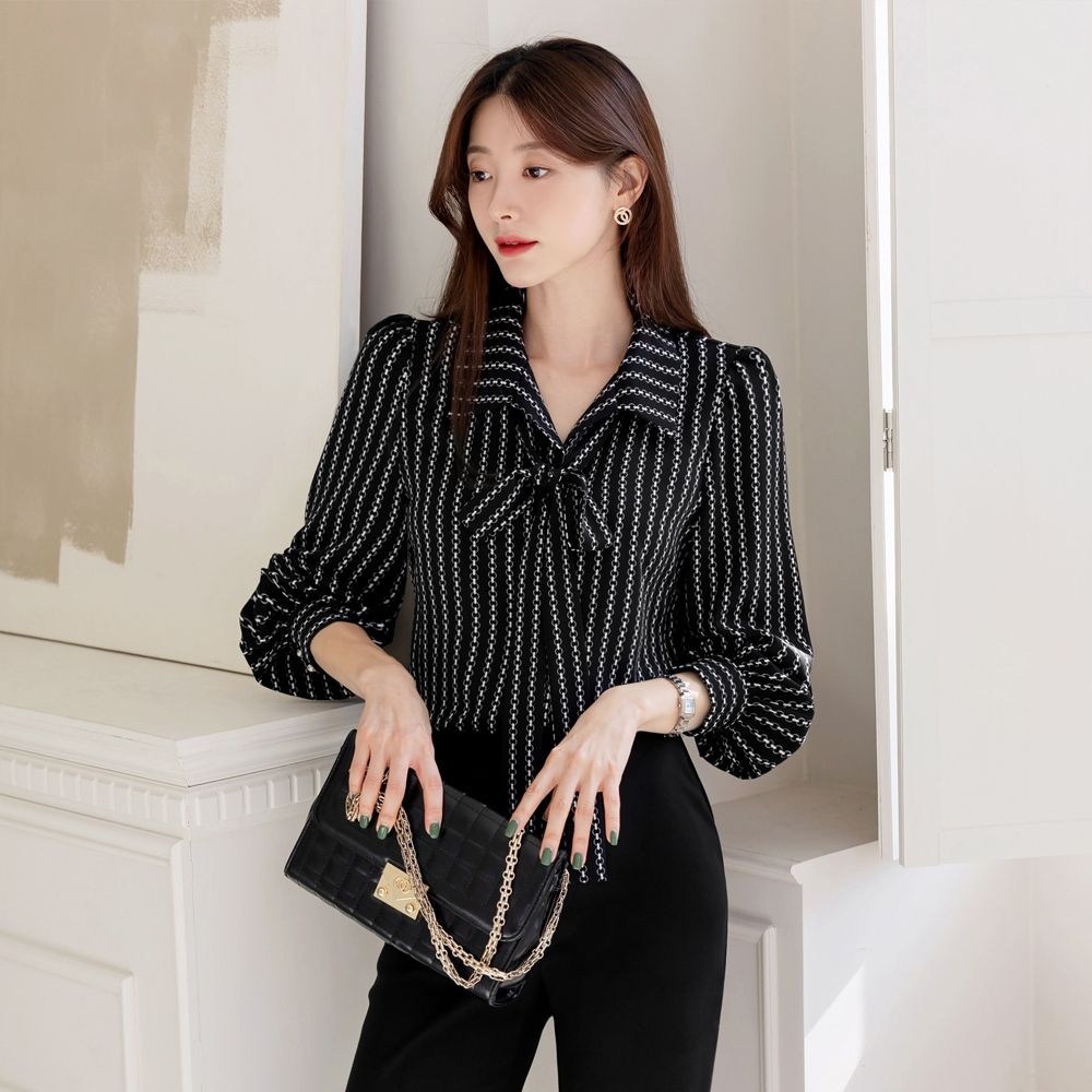 시크라인 볼렌 오픈 카라 타이 셋트 블라우스 빅사이즈/오피스룩/하객룩