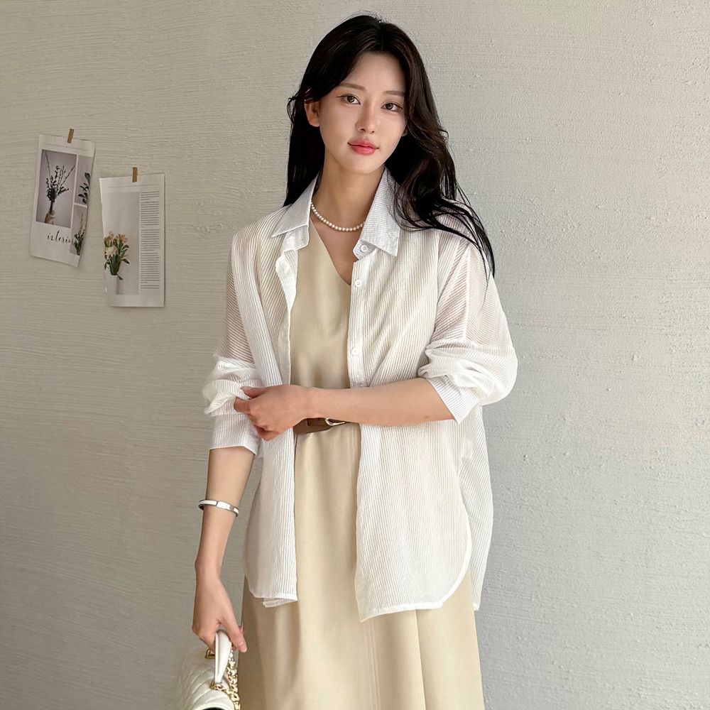 [모리스커밍홈] 썸머 스트라이프 시스루 셔츠_M2505BL041B