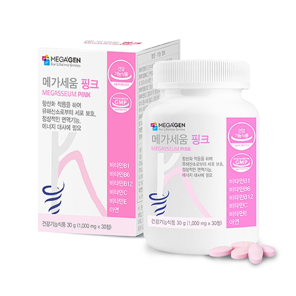 오프리케어 메가젠 메가세움 핑크 멀티 비타민 B1 B6 B12 C E 아연 1000mg 30정