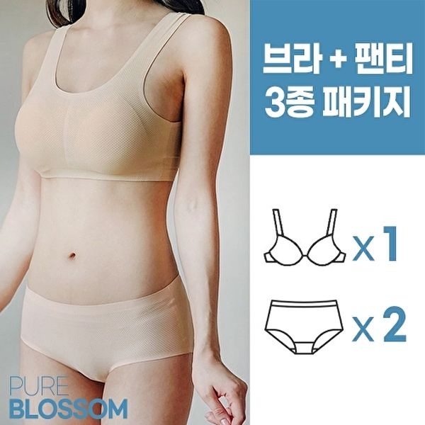 [퓨어블라썸]스벅 쿠폰 증정 [퓨어블라썸] [3종세트] 세컨 스킨 라이크 메쉬 브라1+팬티2 세트/빅사이즈 (베이지 세트:브라-2XL(77)_팬티-XL(100))