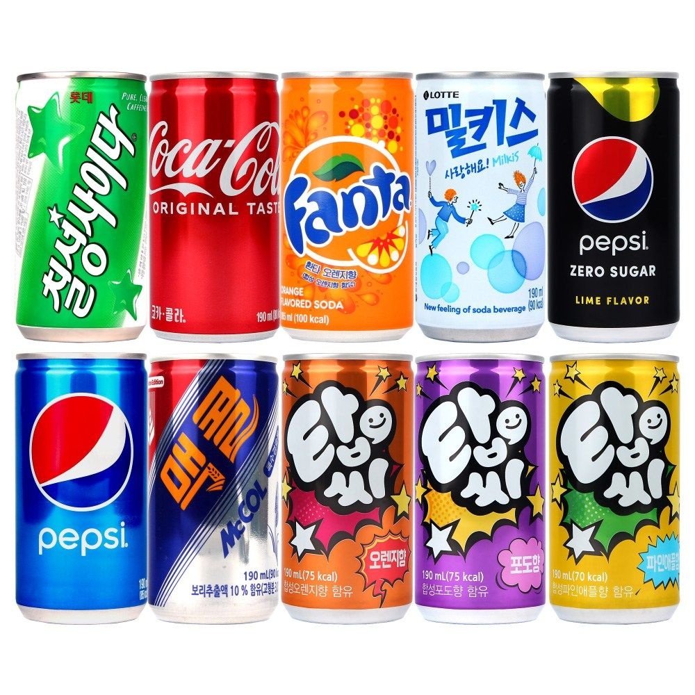 인기 탄산음료 190ml 10종 x 3캔씩 총30캔 (코카콜라3+환타3+사이다3+밀키스3+펩시3+펩시제로3+맥콜3+탑씨오렌지3+탑씨