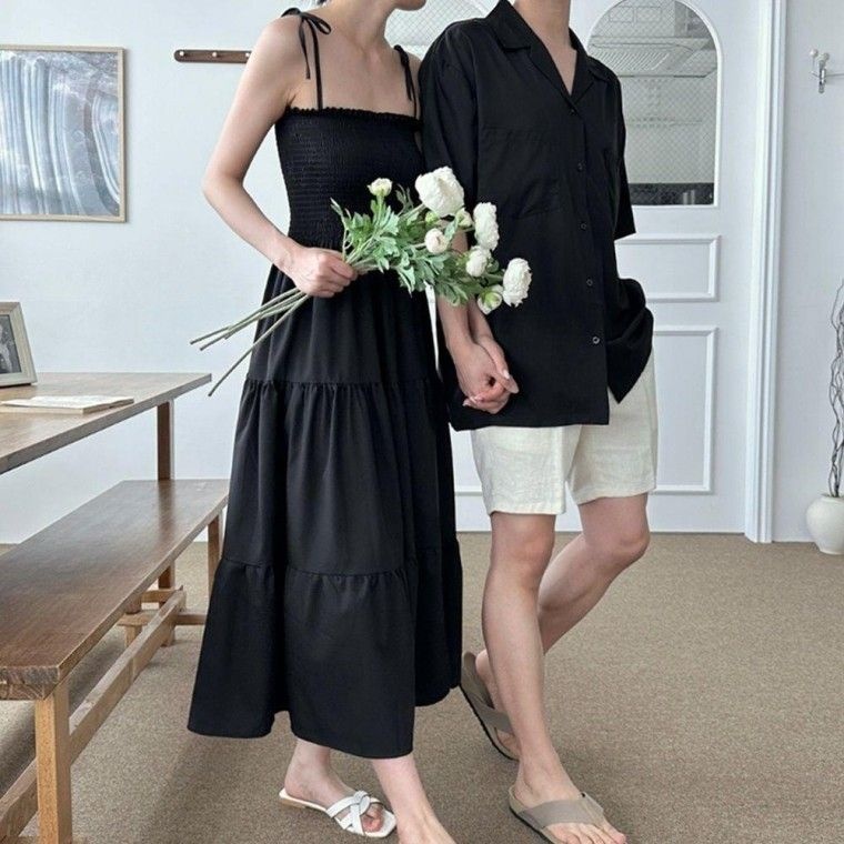 제주도 여행 휴가 검정색 커플룩 여름 원피스 커플룩 롱원피스 옷 동남아여행 휴양지 바캉스 피서룩