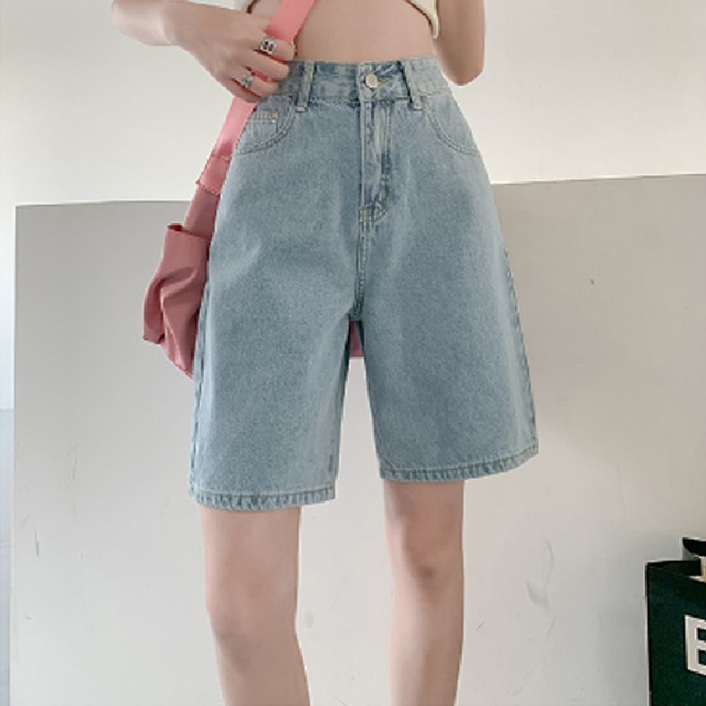 빈티지 클래식 연청 데님 와이드 5부 반바지