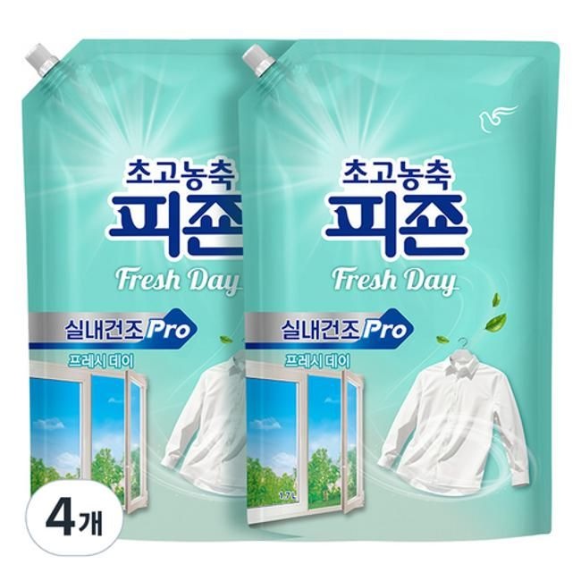 피죤 실내건조 프로 초고농축 섬유유연제 프레시데이 리필 4개 1.7L