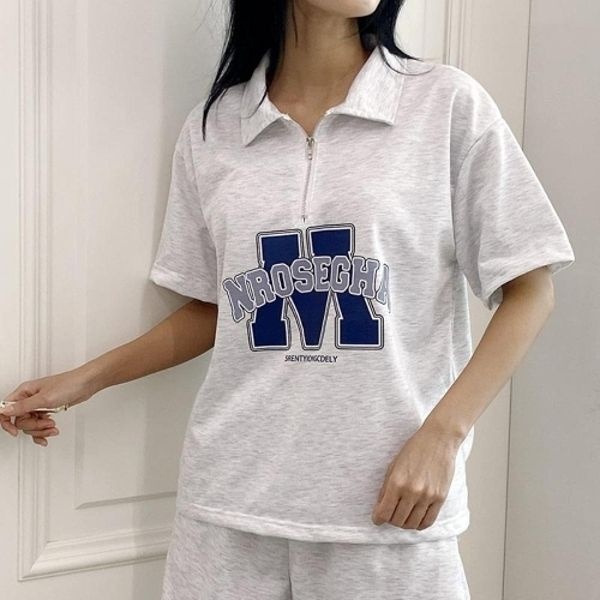 |CDD25BE|여성 스트리트 스타일 반집업 카라 반팔 티셔츠와 반바...