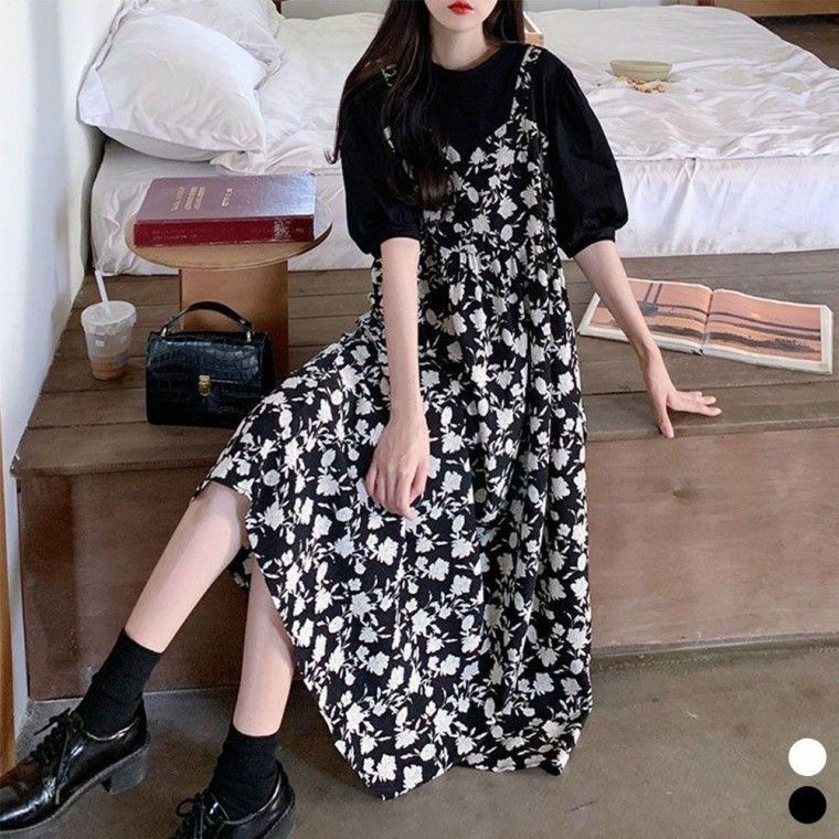 [STYLELUX]플라워 원피스 티셔츠 일체형 여성 여름 롱원피스