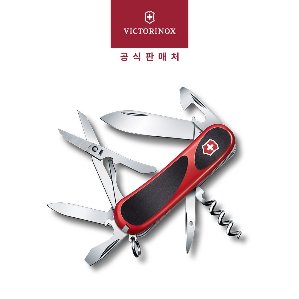 빅토리녹스 맥가이버 캠핑 멀티툴 에볼루션 그립 14, 85mm 미디움 포켓 스위스 아미 나이프 칼 레드/블랙 2.3903.CB1