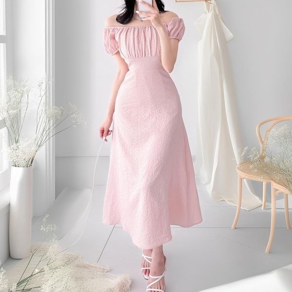 여자 꽃패턴 오프숄더 셔링 반팔 a라인 롱 원피스